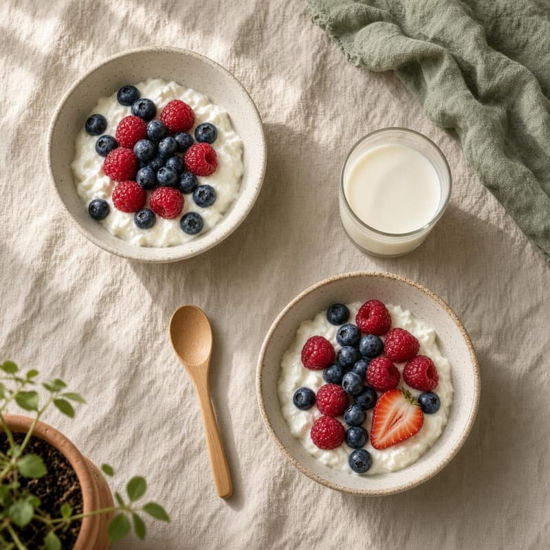 Petit-déjeuner calme : bols, fruits et lumière du matin sur une nappe de lin.